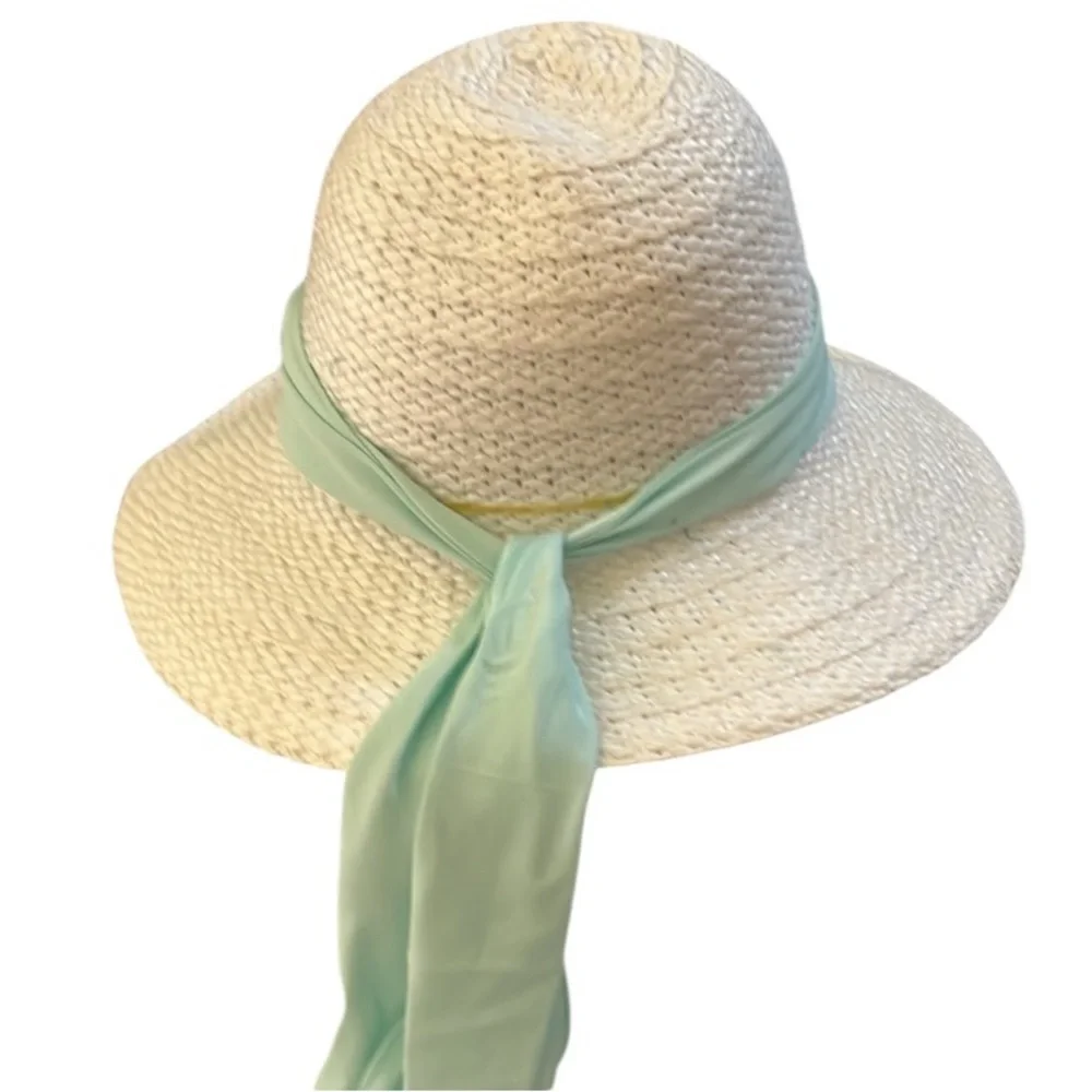 White straw hat spring , summer with mint green scarf attached
